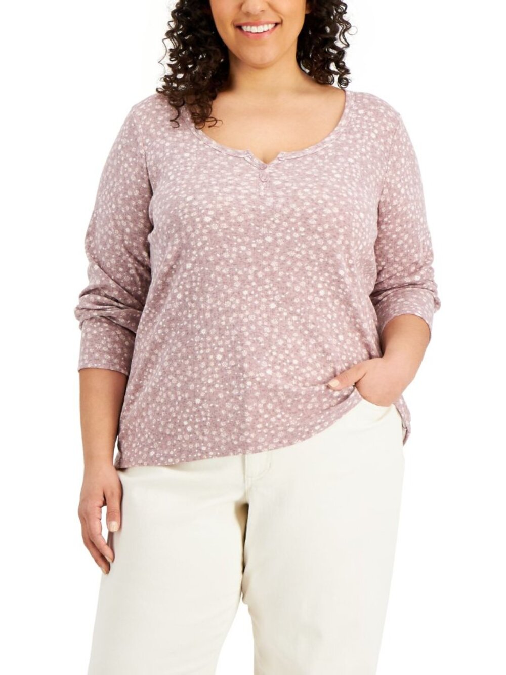 Hippie Rose Womens Trendy Plus Size Printed Henley Neck Top